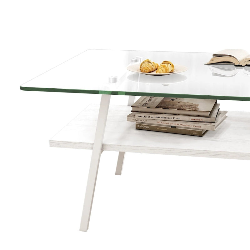 Table basse rectangulaire en verre trempé transparent avec pieds en métal blanc – Unique