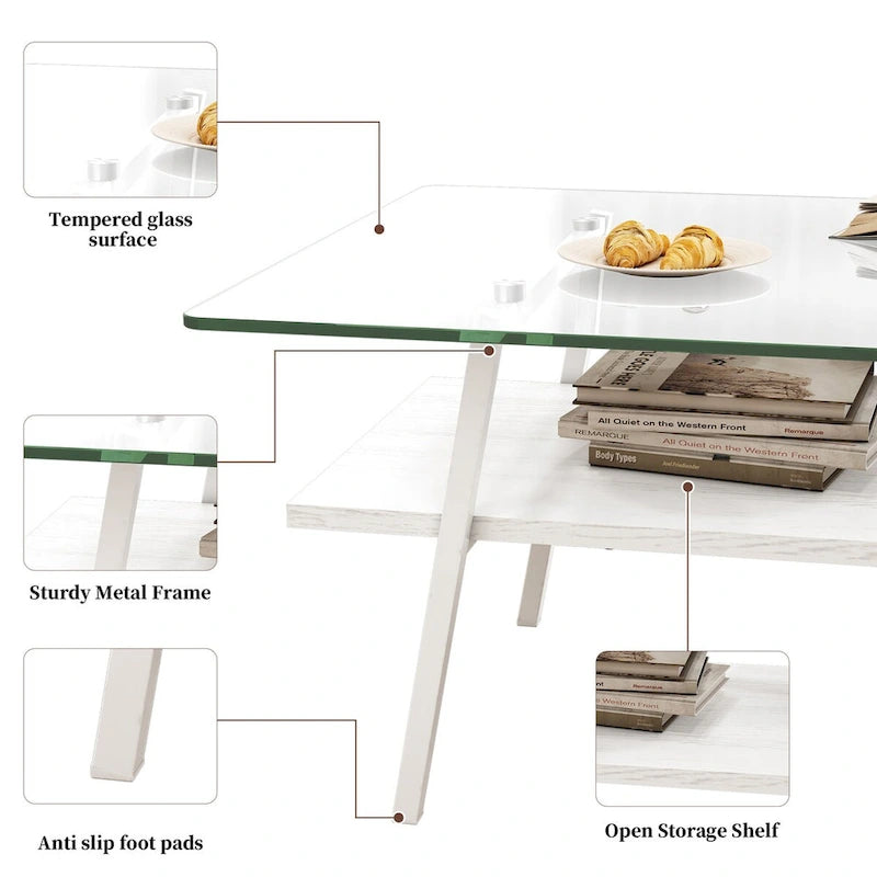 Table basse rectangulaire en verre trempé transparent avec pieds en métal blanc – Unique