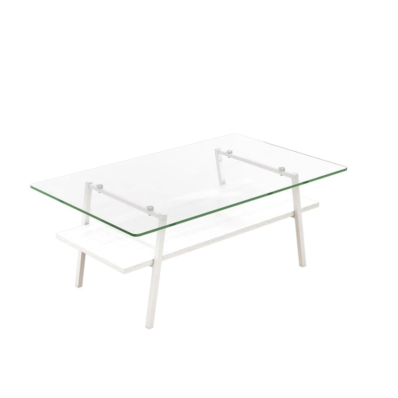 Table basse rectangulaire en verre trempé transparent avec pieds en métal blanc – Unique