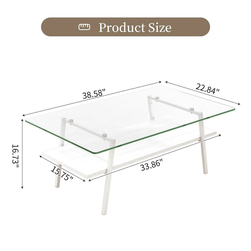 Table basse rectangulaire en verre trempé transparent avec pieds en métal blanc – Unique