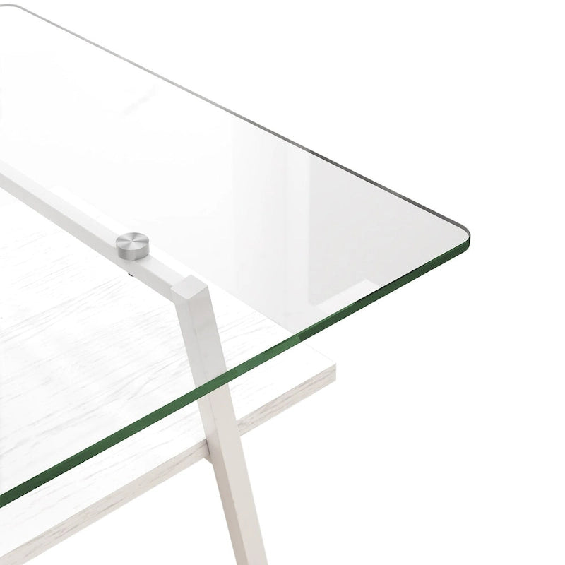 Table basse rectangulaire en verre trempé transparent avec pieds en métal blanc – Unique