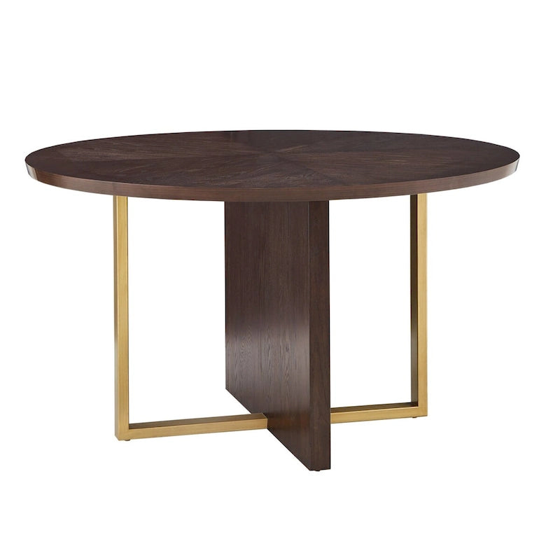 Table à manger ronde Espresso avec incrustation en X en placage de chêne et barres en métal doré – Jusqu'à 4 personnes