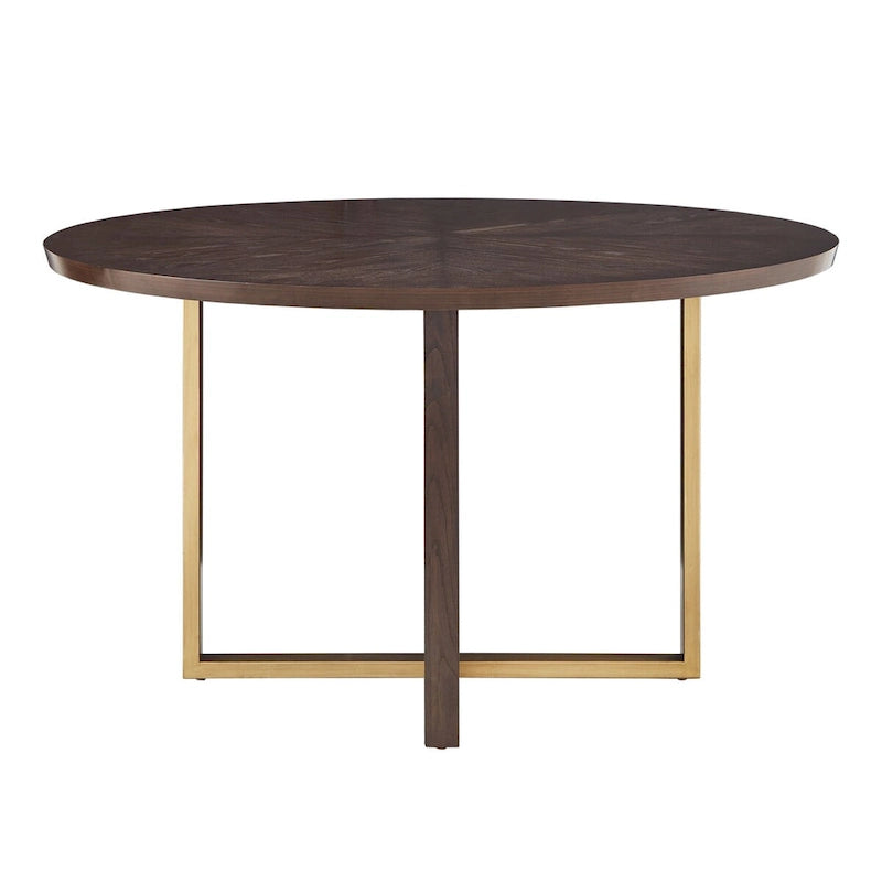Table à manger ronde Espresso avec incrustation en X en placage de chêne et barres en métal doré – Jusqu'à 4 personnes