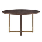 Table à manger ronde Espresso avec incrustation en X en placage de chêne et barres en métal doré – Jusqu'à 4 personnes