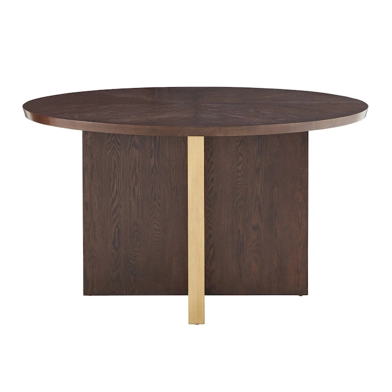 Table à manger ronde Espresso avec incrustation en X en placage de chêne et barres en métal doré – Jusqu'à 4 personnes