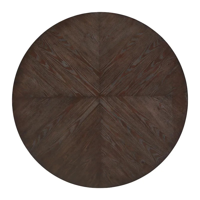 Table à manger ronde Espresso avec incrustation en X en placage de chêne et barres en métal doré – Jusqu'à 4 personnes