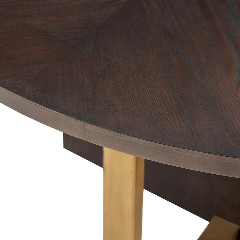 Table à manger ronde Espresso avec incrustation en X en placage de chêne et barres en métal doré – Jusqu'à 4 personnes