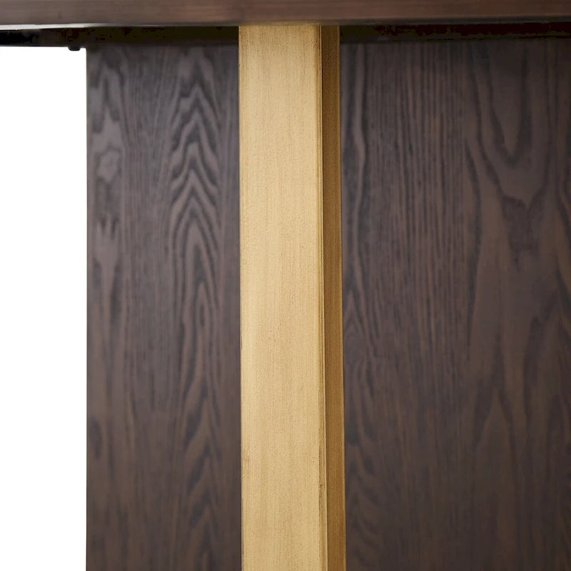 Table à manger ronde Espresso avec incrustation en X en placage de chêne et barres en métal doré – Jusqu'à 4 personnes