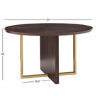 Table à manger ronde Espresso avec incrustation en X en placage de chêne et barres en métal doré – Jusqu'à 4 personnes