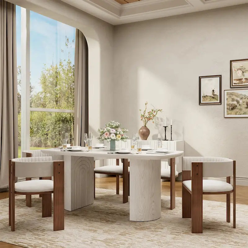 Table à manger rectangulaire en bois composite beige à pieds incurvés – 6 personnes