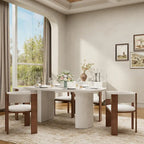Table à manger rectangulaire en bois composite beige à pieds incurvés – 6 personnes