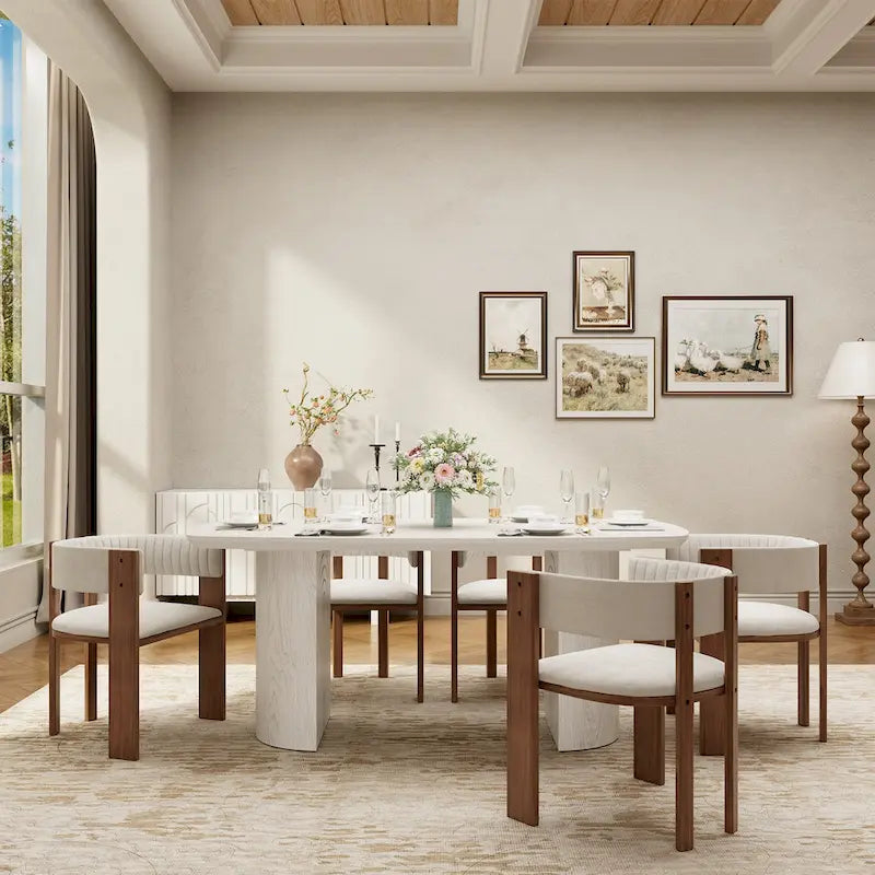 Table à manger rectangulaire en bois composite beige à pieds incurvés – 6 personnes