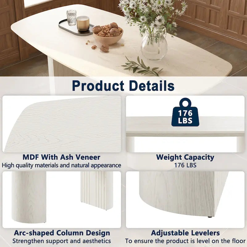 Table à manger rectangulaire en bois composite beige à pieds incurvés – 6 personnes