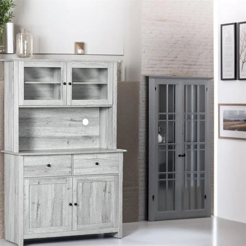 Bahut de cuisine avec surmeuble et portes vitrées – Gris, simple