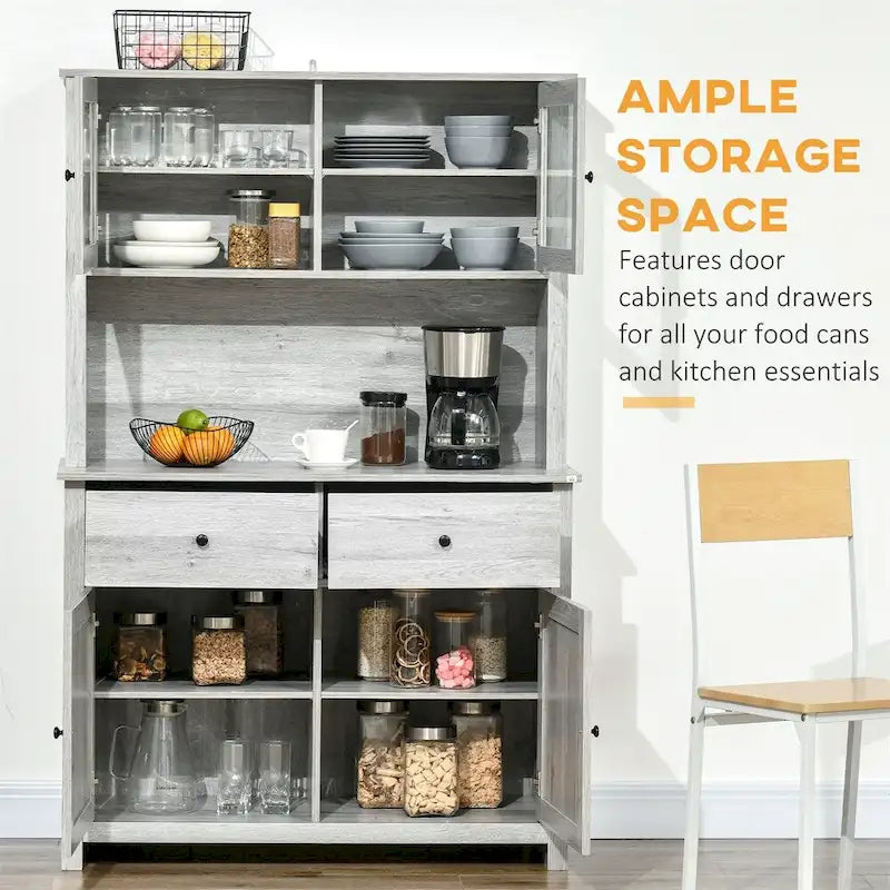 Bahut de cuisine avec surmeuble et portes vitrées – Gris, simple