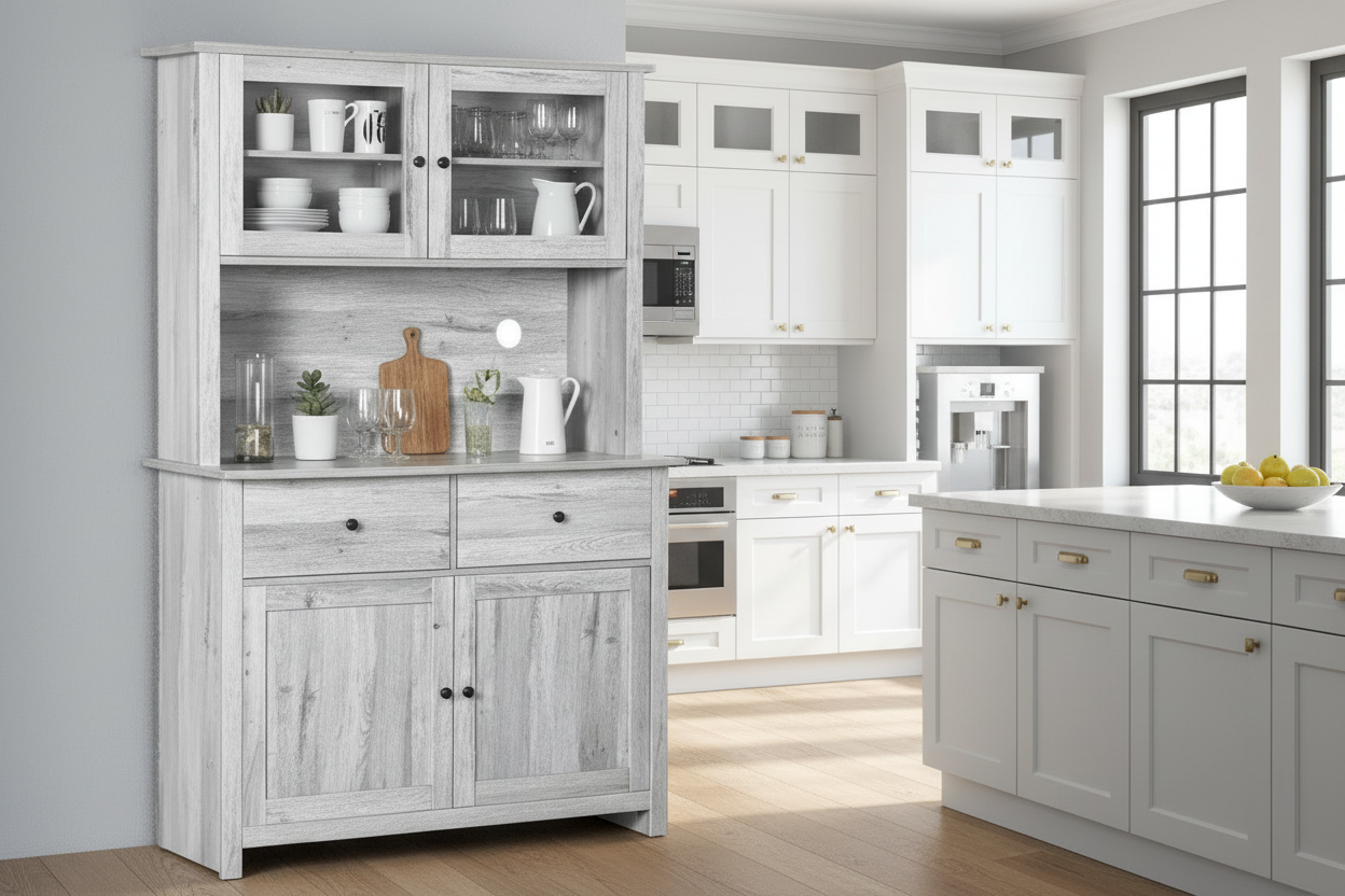 Bahut de cuisine avec surmeuble et portes vitrées – Gris, simple