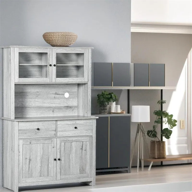 Bahut de cuisine avec surmeuble et portes vitrées – Gris, simple
