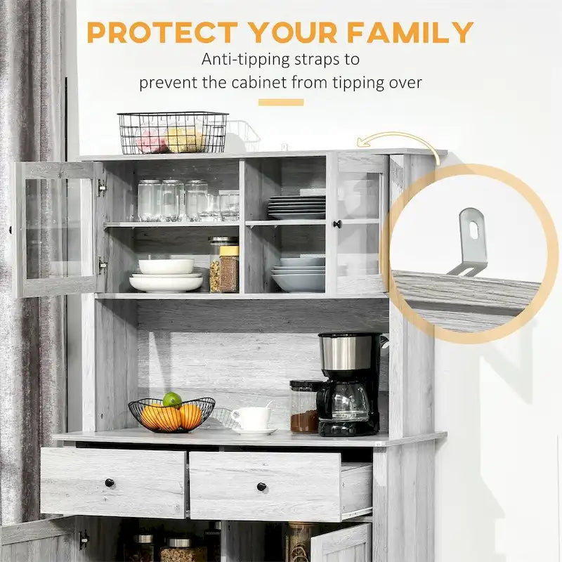 Bahut de cuisine avec surmeuble et portes vitrées – Gris, simple