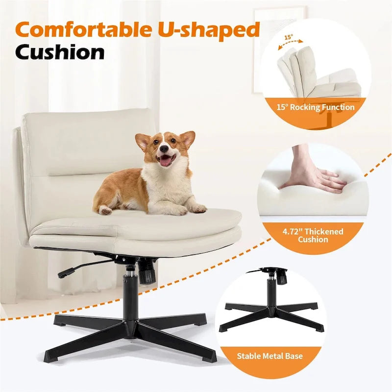 Chaise de bureau sans accoudoirs en similicuir blanc avec fonction bascule et base en métal – 1 personne