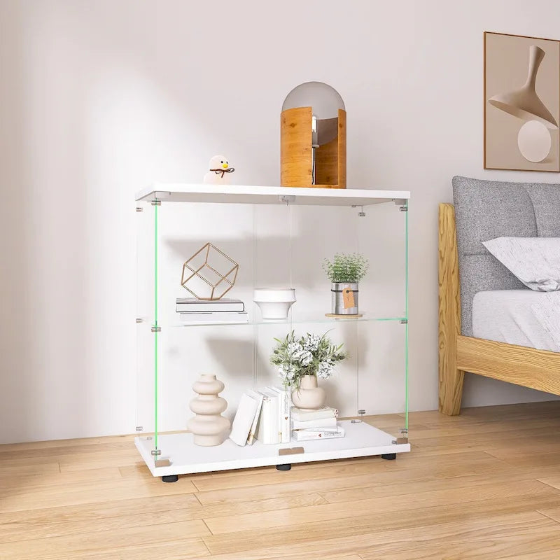 Vitrine à 2 portes en verre trempé, blanc/noir, avec 2 étagères réglables – Simple