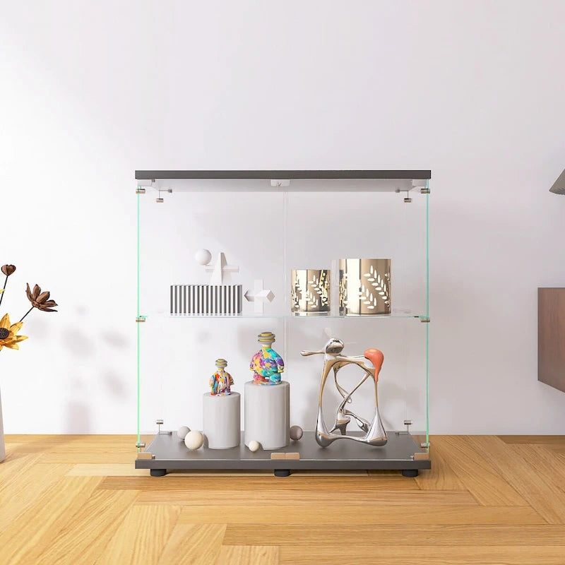 Vitrine à 2 portes en verre trempé, blanc/noir, avec 2 étagères réglables – Simple