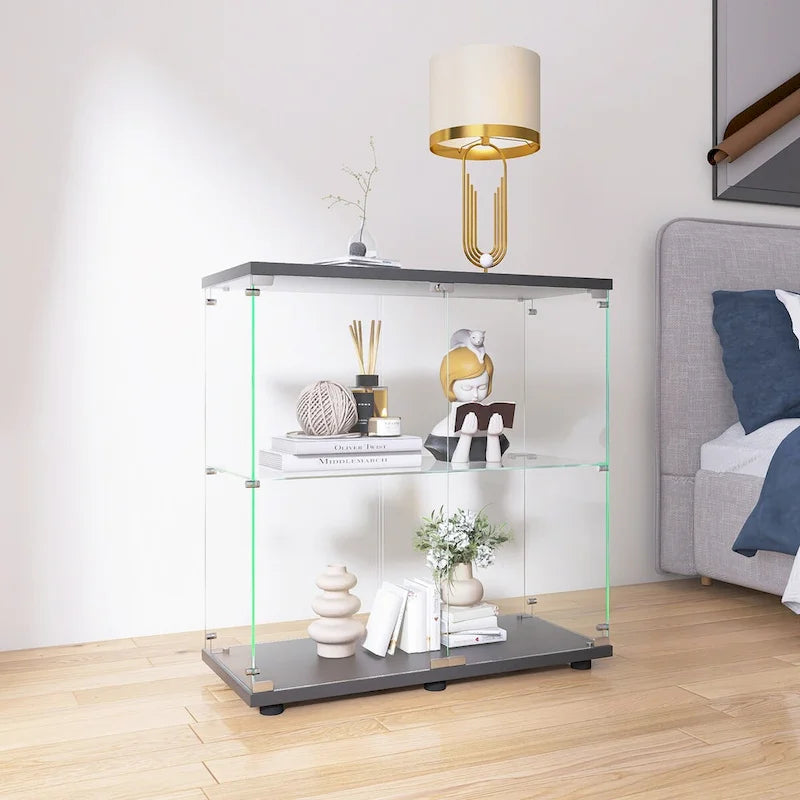 Vitrine à 2 portes en verre trempé, blanc/noir, avec 2 étagères réglables – Simple