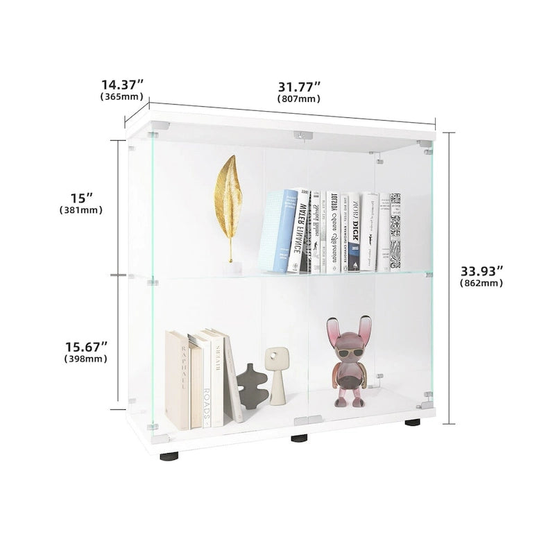 Vitrine à 2 portes en verre trempé, blanc/noir, avec 2 étagères réglables – Simple