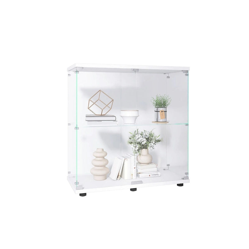Vitrine à 2 portes en verre trempé, blanc/noir, avec 2 étagères réglables – Simple