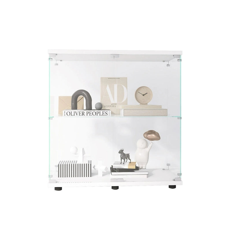 Vitrine à 2 portes en verre trempé, blanc/noir, avec 2 étagères réglables – Simple