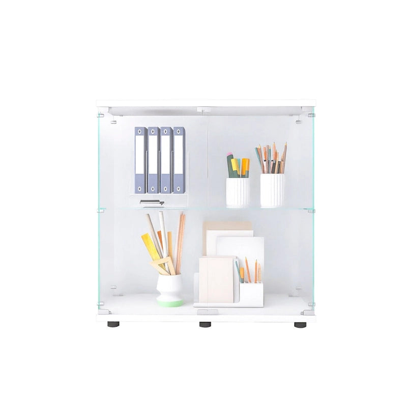 Vitrine à 2 portes en verre trempé, blanc/noir, avec 2 étagères réglables – Simple