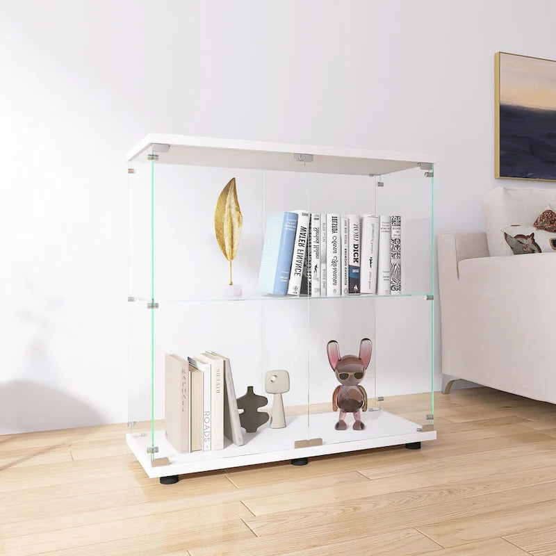 Vitrine à 2 portes en verre trempé, blanc/noir, avec 2 étagères réglables – Simple