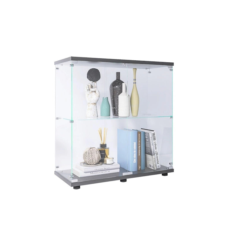 Vitrine à 2 portes en verre trempé, blanc/noir, avec 2 étagères réglables – Simple