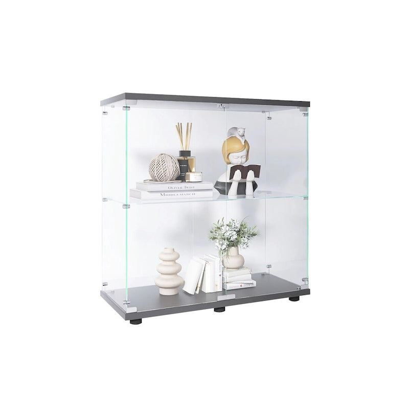 Vitrine à 2 portes en verre trempé, blanc/noir, avec 2 étagères réglables – Simple