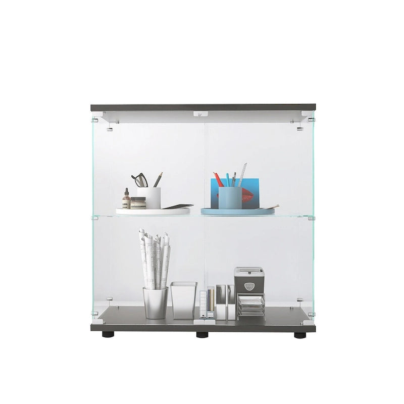 Vitrine à 2 portes en verre trempé, blanc/noir, avec 2 étagères réglables – Simple