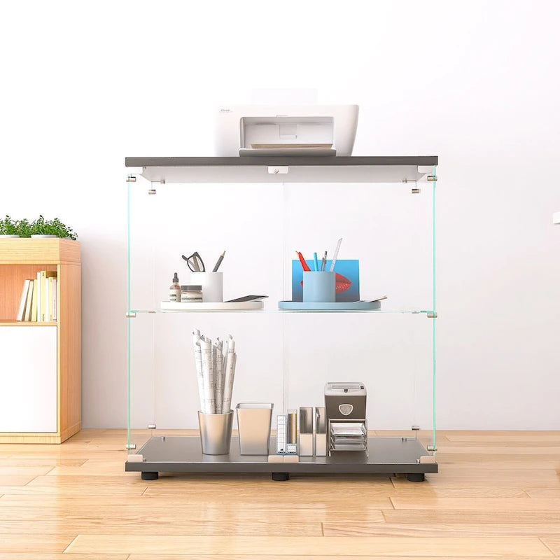Vitrine à 2 portes en verre trempé, blanc/noir, avec 2 étagères réglables – Simple