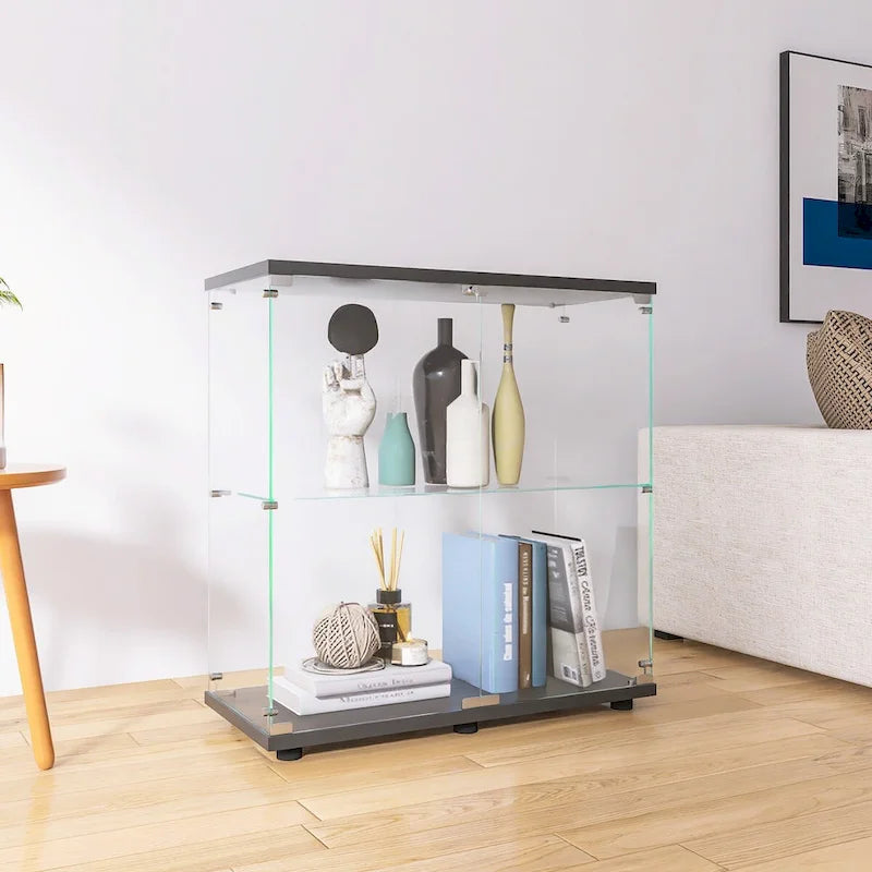 Vitrine à 2 portes en verre trempé, blanc/noir, avec 2 étagères réglables – Simple