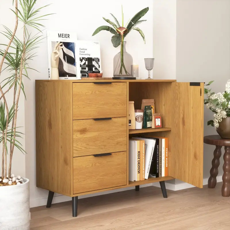 Meuble de rangement mi-siècle en bois naturel et gris avec 3 tiroirs, une porte et une étagère réglable – Unité individuelle