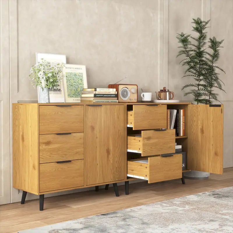 Meuble de rangement mi-siècle en bois naturel et gris avec 3 tiroirs, une porte et une étagère réglable – Unité individuelle